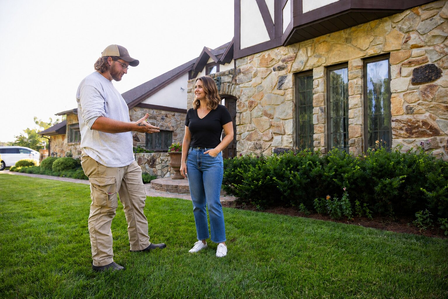 Good's lawn care technician meeting with a client and inspecting the grass