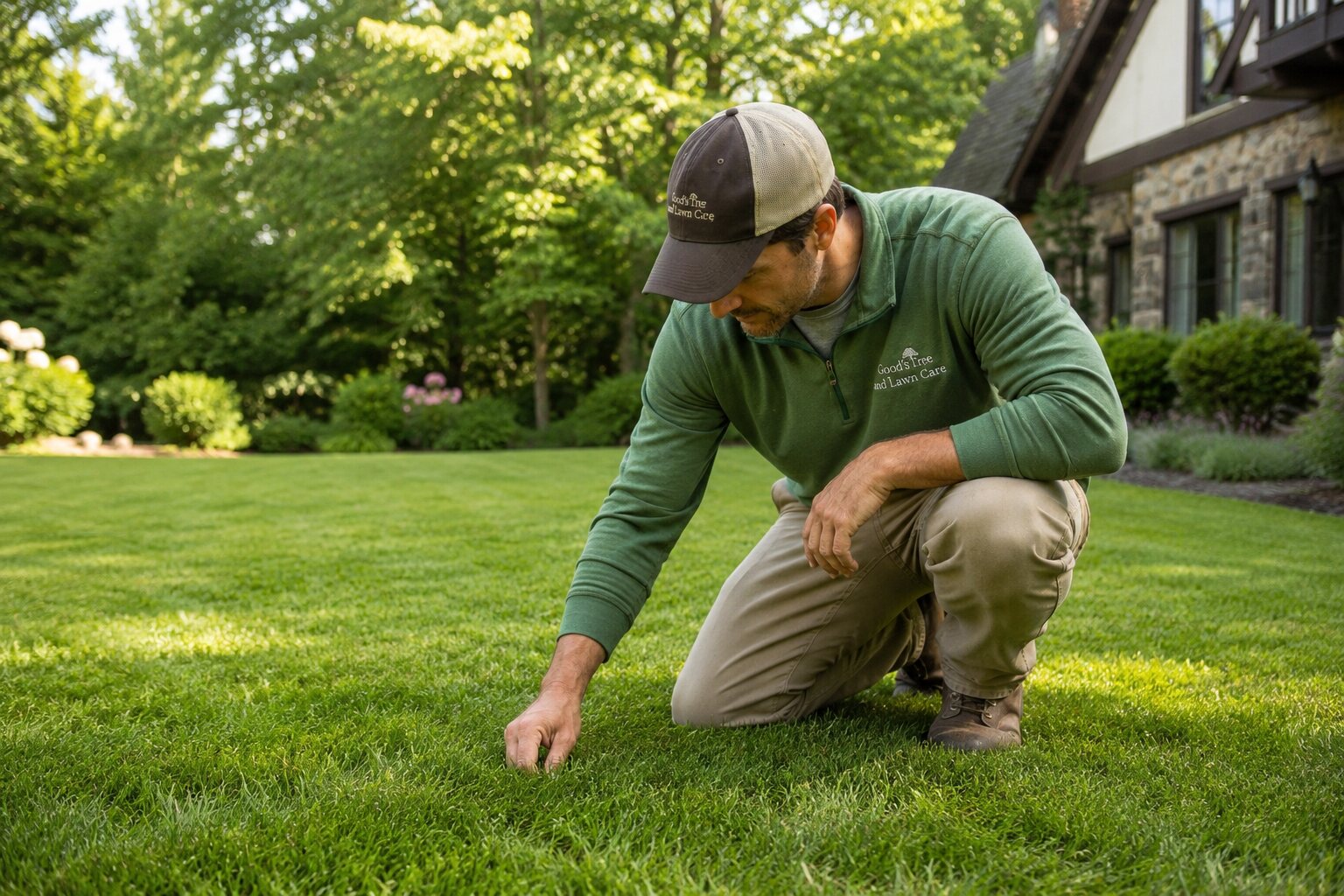 Good's technician inspecting a healthy backyard lawn during a tick and mosquito visit